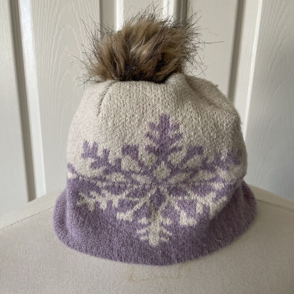 Purple Snowflake Pom Beanie OS Nordic Winter Ski Faux Fur Christian Siriano